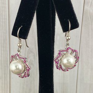 10MM Natural Fresh Water Pearls with Halo Set Rubies set in 925 Silver Earrings